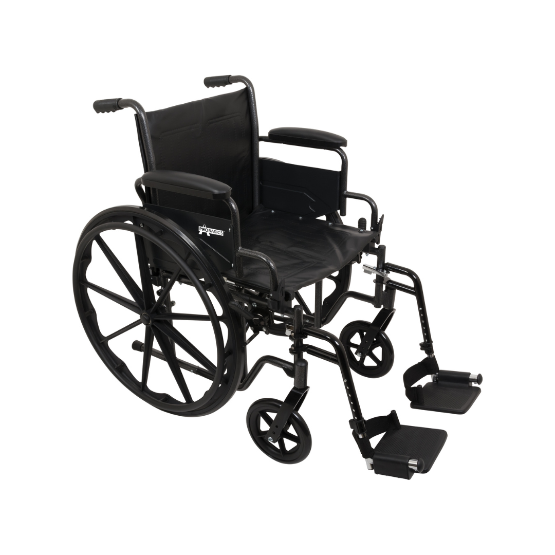 A ProBasics Standard Hemi K2 Wheelchair in black, featuring large rear wheels, smaller front wheels, armrests, and swing-away footrests, is displayed on a white background.